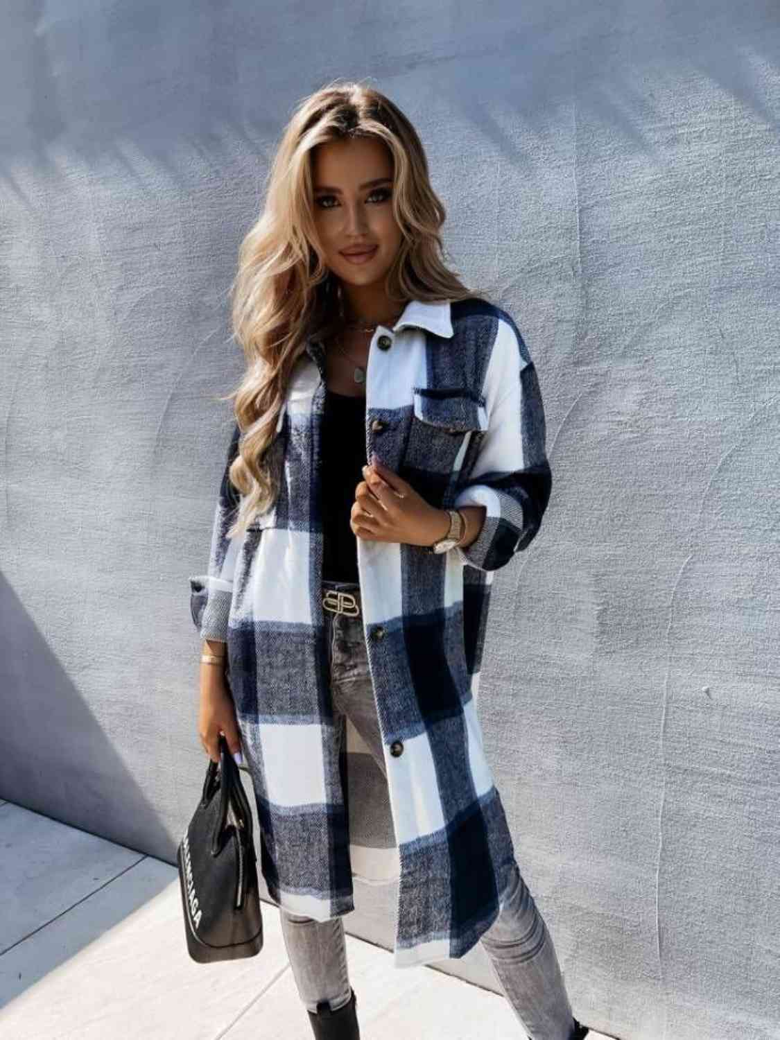 Plaid Collared Neck Longline Shirt BLUE ZONE PLANET