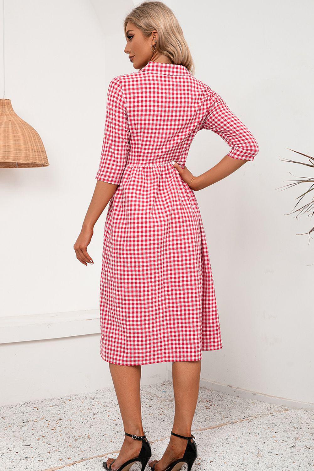 Plaid Collared Neck Midi Dress BLUE ZONE PLANET