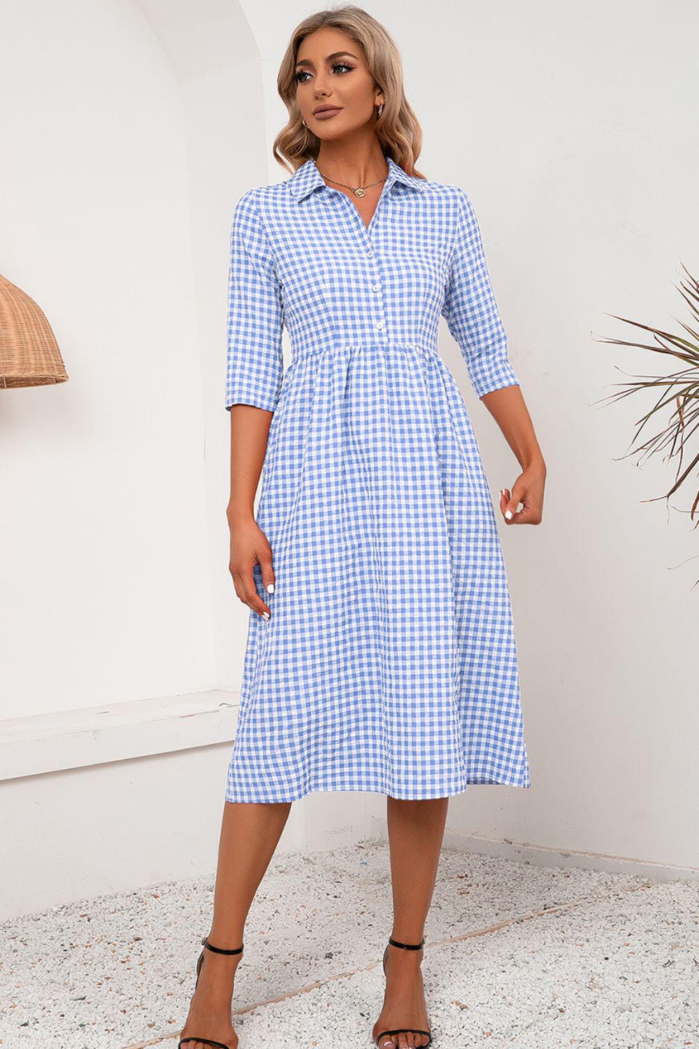 Plaid Collared Neck Midi Dress BLUE ZONE PLANET