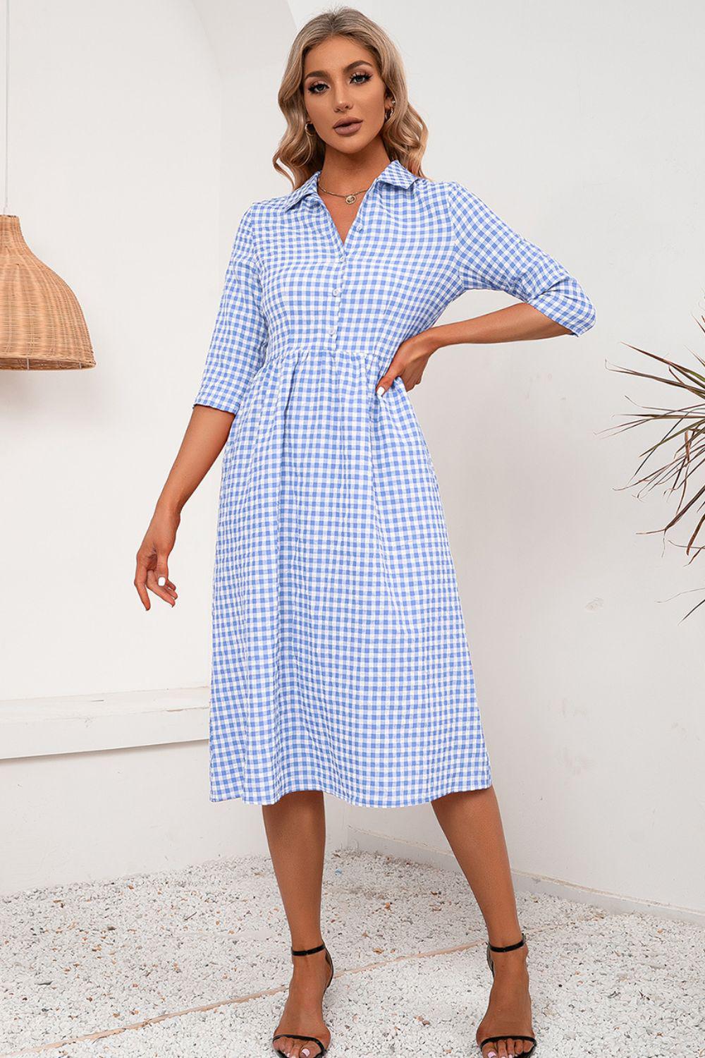 Plaid Collared Neck Midi Dress BLUE ZONE PLANET