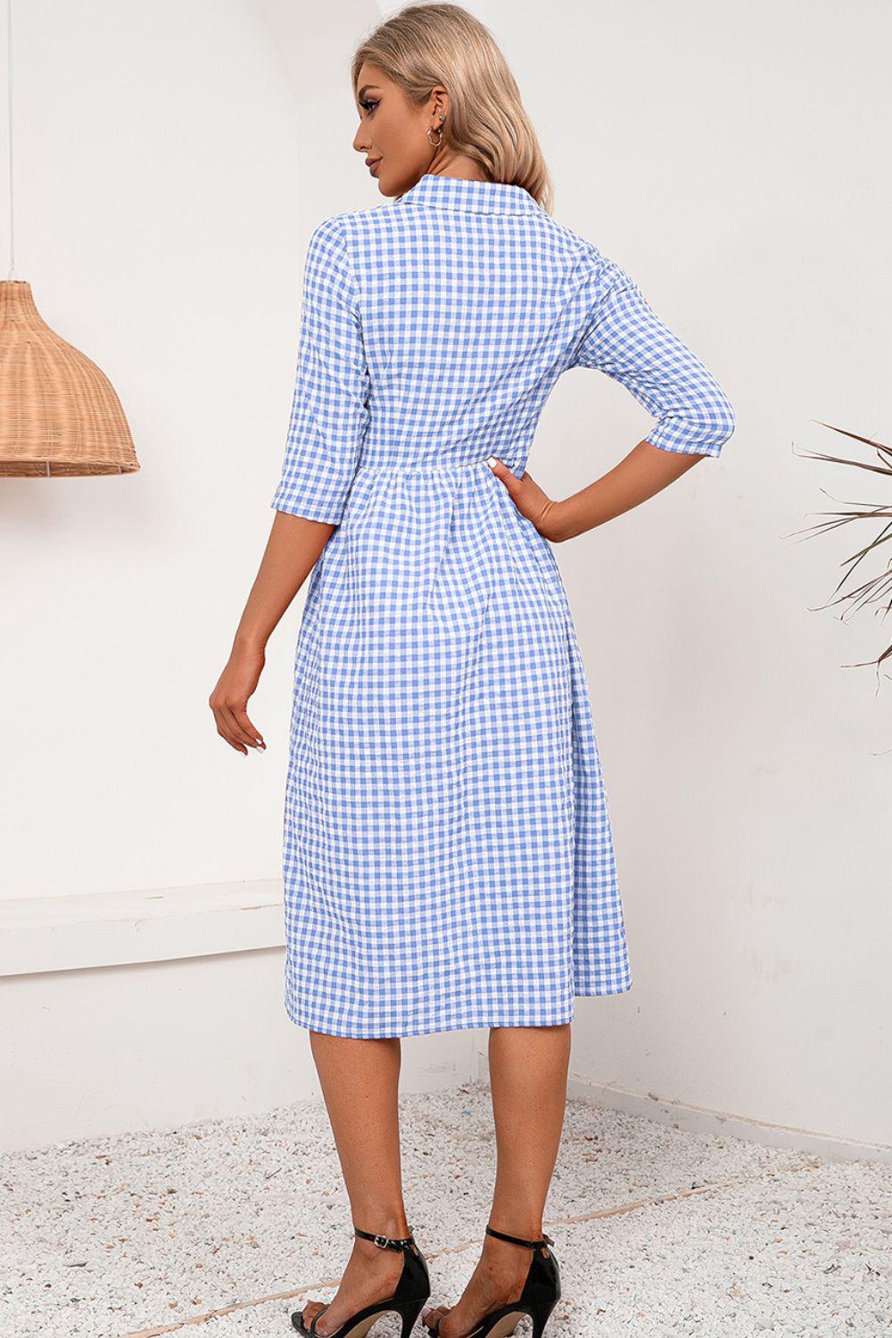 Plaid Collared Neck Midi Dress BLUE ZONE PLANET