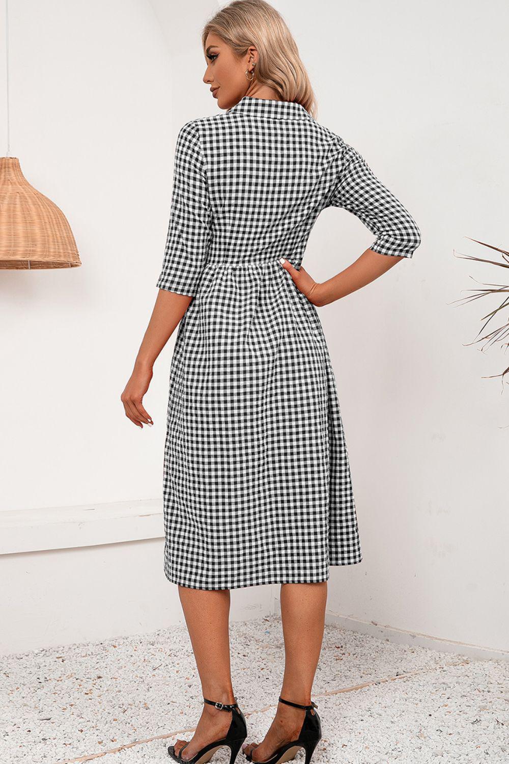 Plaid Collared Neck Midi Dress BLUE ZONE PLANET