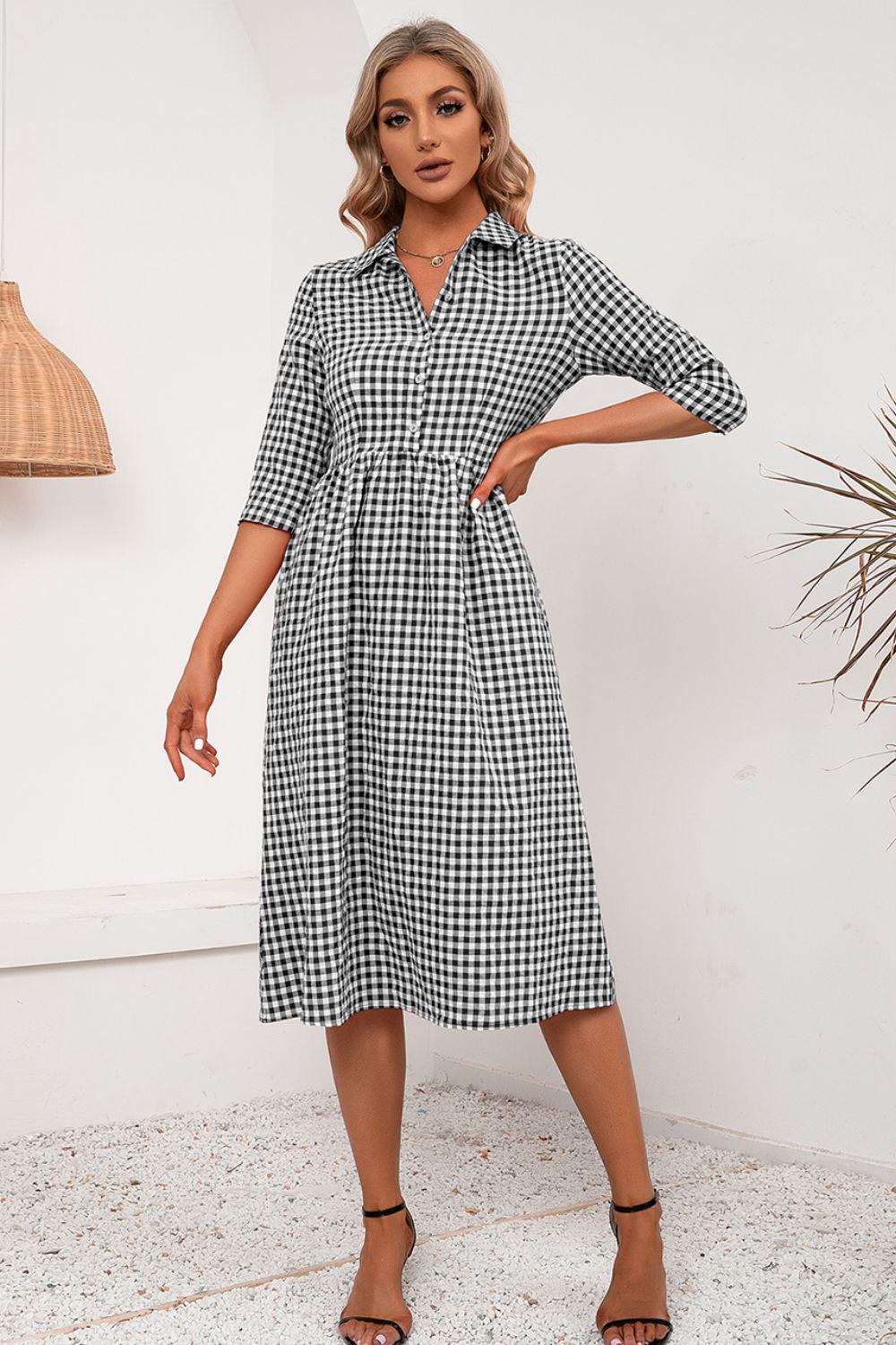 Plaid Collared Neck Midi Dress BLUE ZONE PLANET