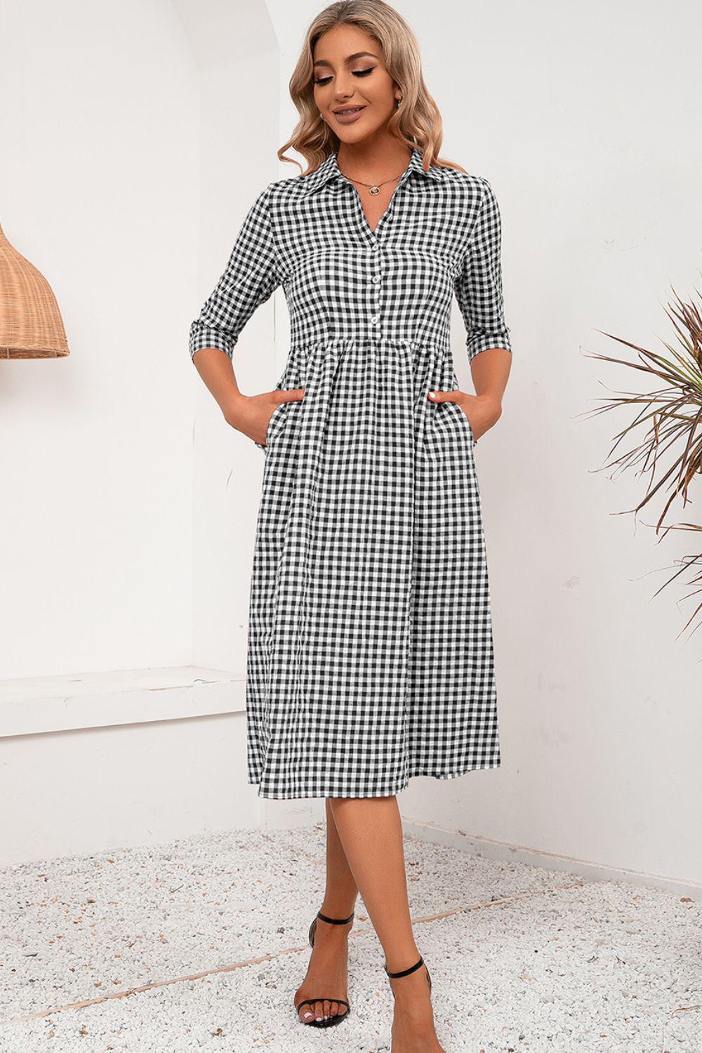 Plaid Collared Neck Midi Dress BLUE ZONE PLANET