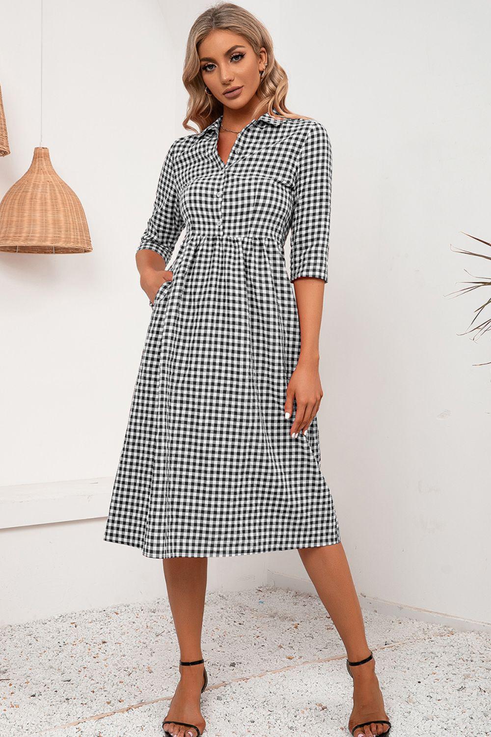 Plaid Collared Neck Midi Dress BLUE ZONE PLANET