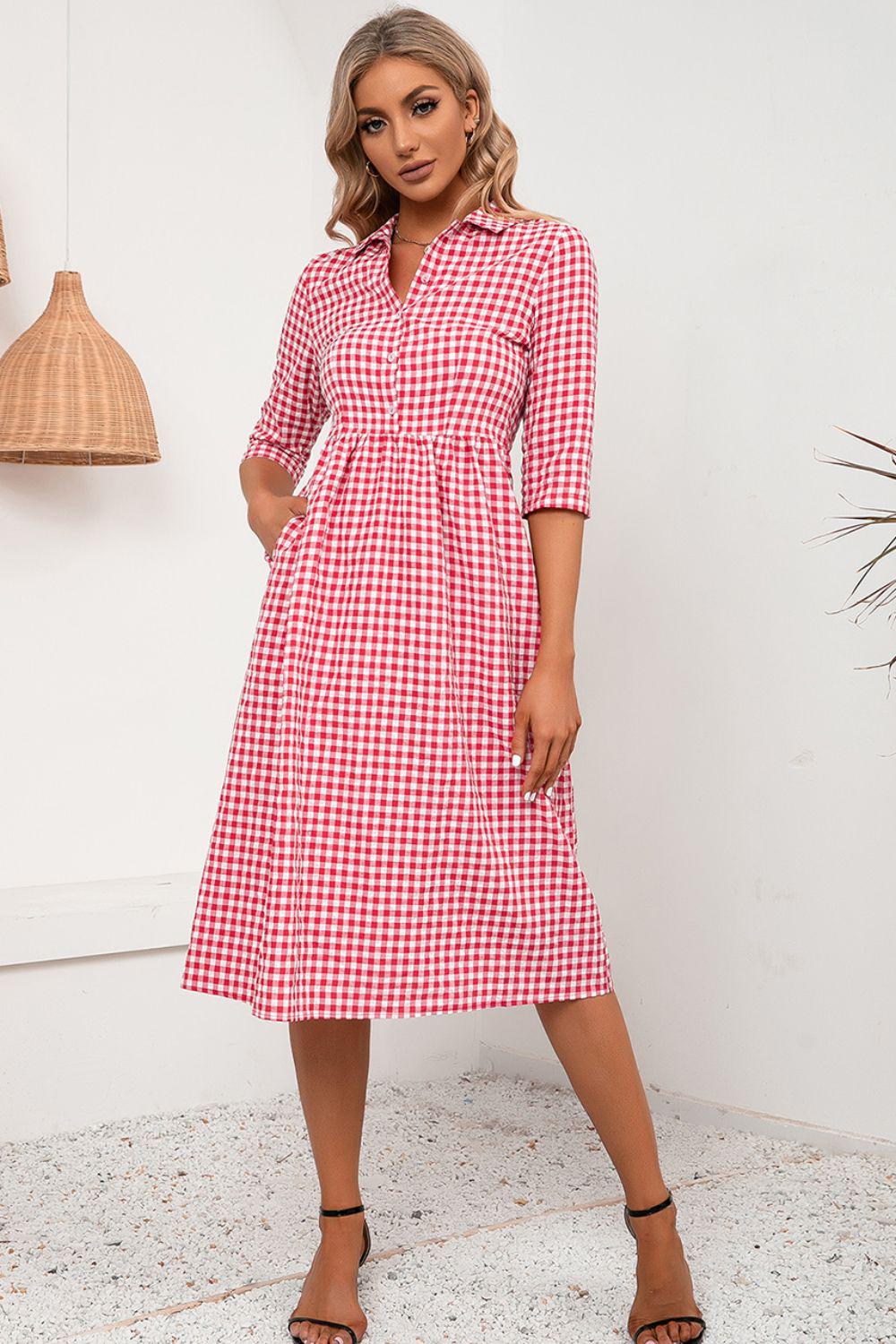 Plaid Collared Neck Midi Dress BLUE ZONE PLANET