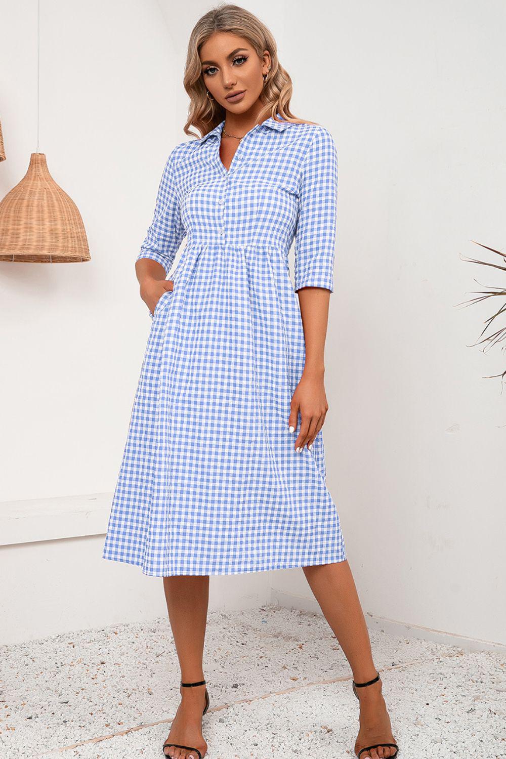 Plaid Collared Neck Midi Dress BLUE ZONE PLANET