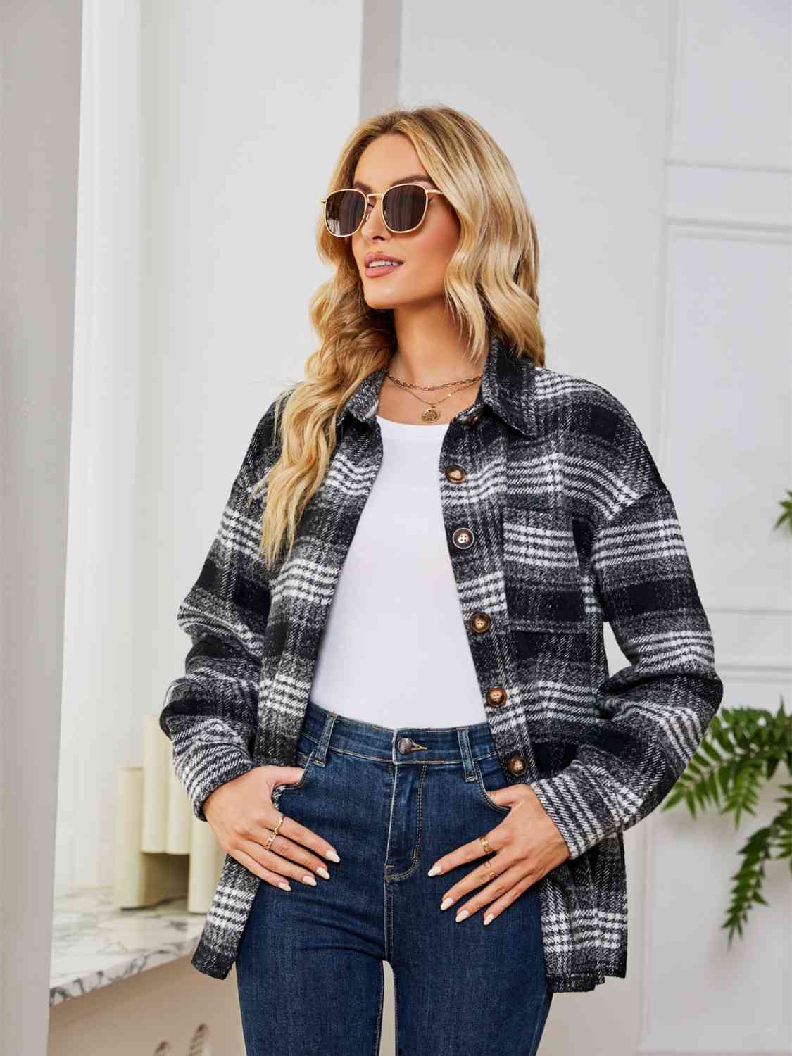 Plaid Collared Shirt Jacket BLUE ZONE PLANET