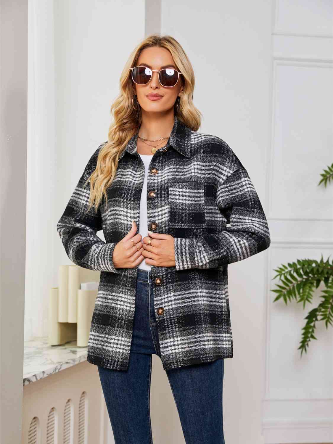 Plaid Collared Shirt Jacket BLUE ZONE PLANET