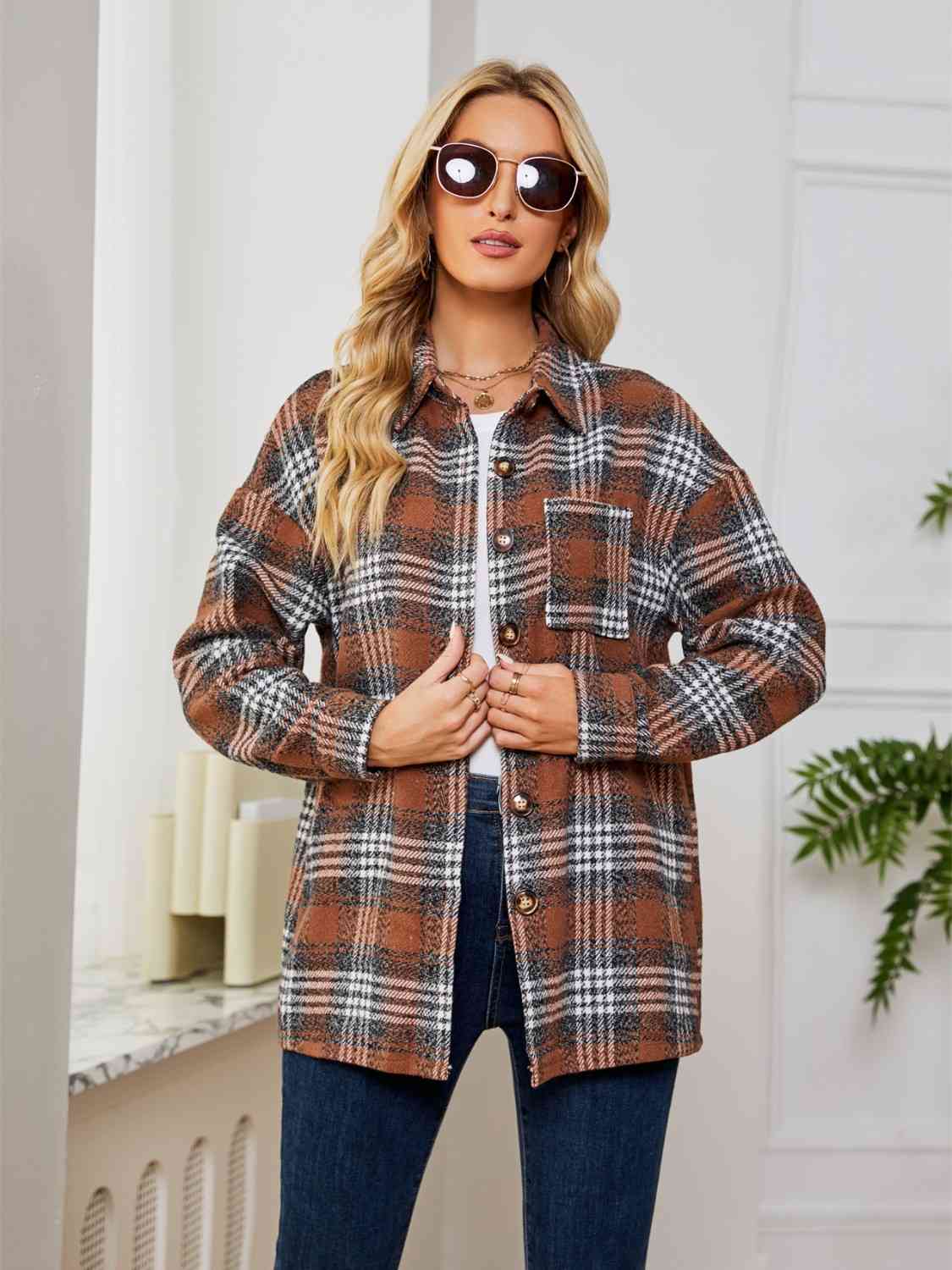 Plaid Collared Shirt Jacket BLUE ZONE PLANET