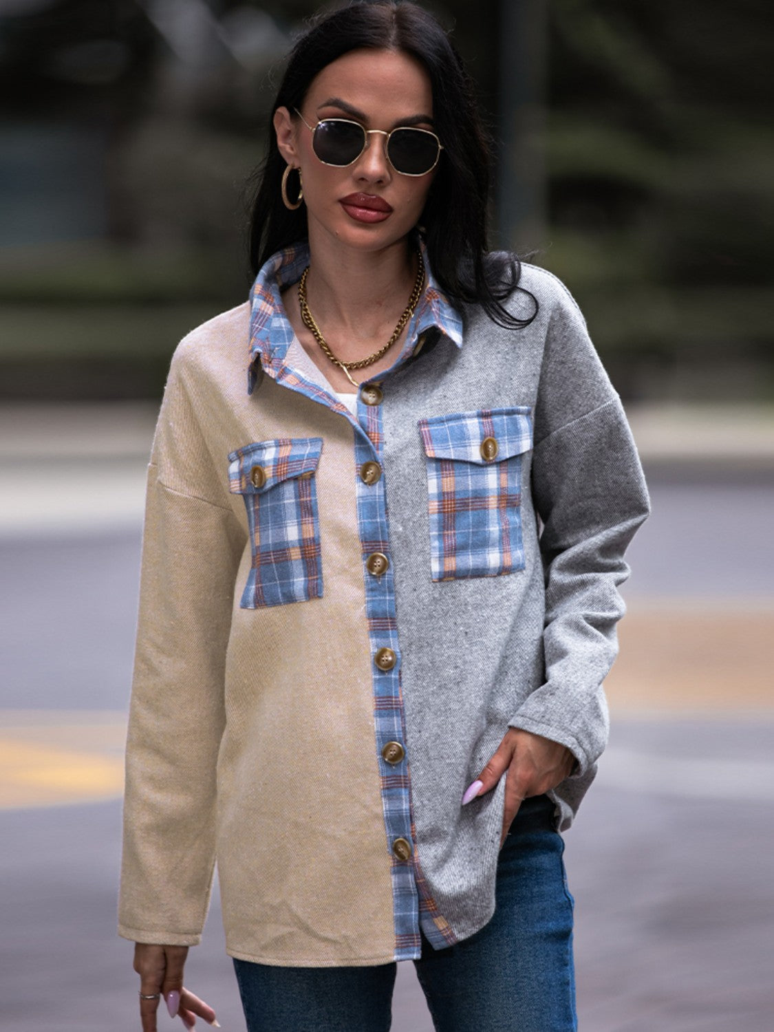 Plaid Contrast Drop Shoulder Shacket BLUE ZONE PLANET