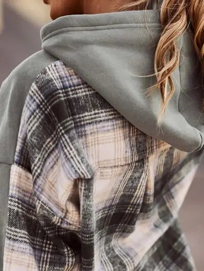 Plaid Drawstring Dropped Shoulder Hoodie BLUE ZONE PLANET