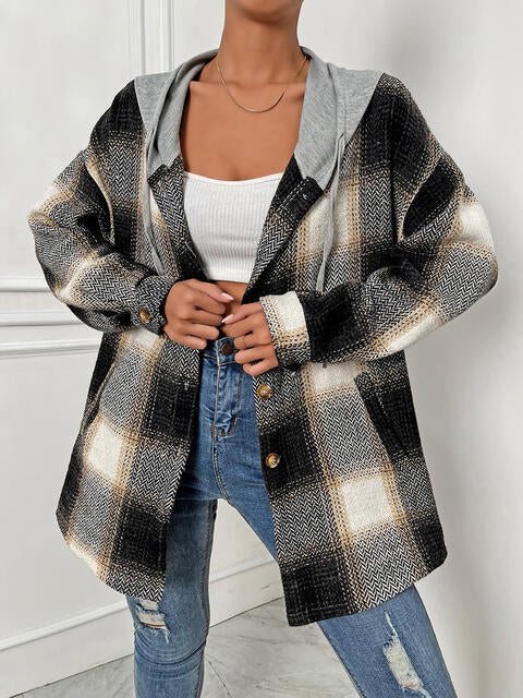 Plaid Drawstring Hooded Jacket BLUE ZONE PLANET