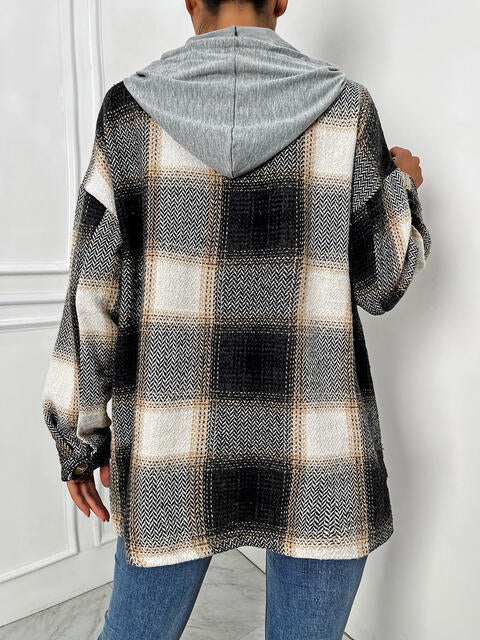 Plaid Drawstring Hooded Jacket BLUE ZONE PLANET