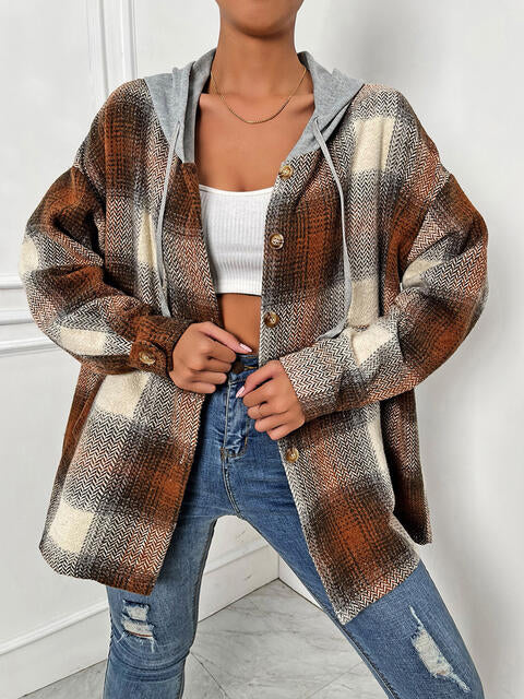 Plaid Drawstring Hooded Jacket BLUE ZONE PLANET