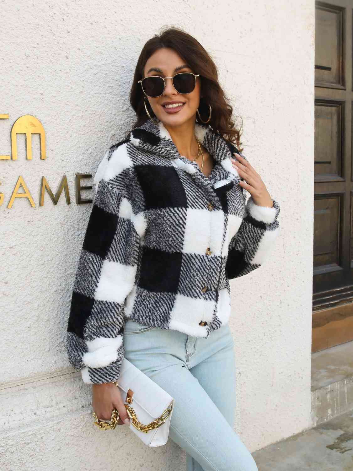 Plaid Dropped Shoulder Buttoned Jacket BLUE ZONE PLANET