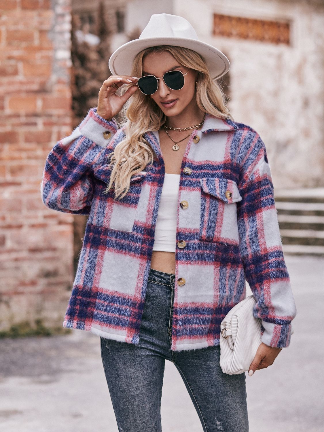 Plaid Dropped Shoulder Collared Jacket BLUE ZONE PLANET