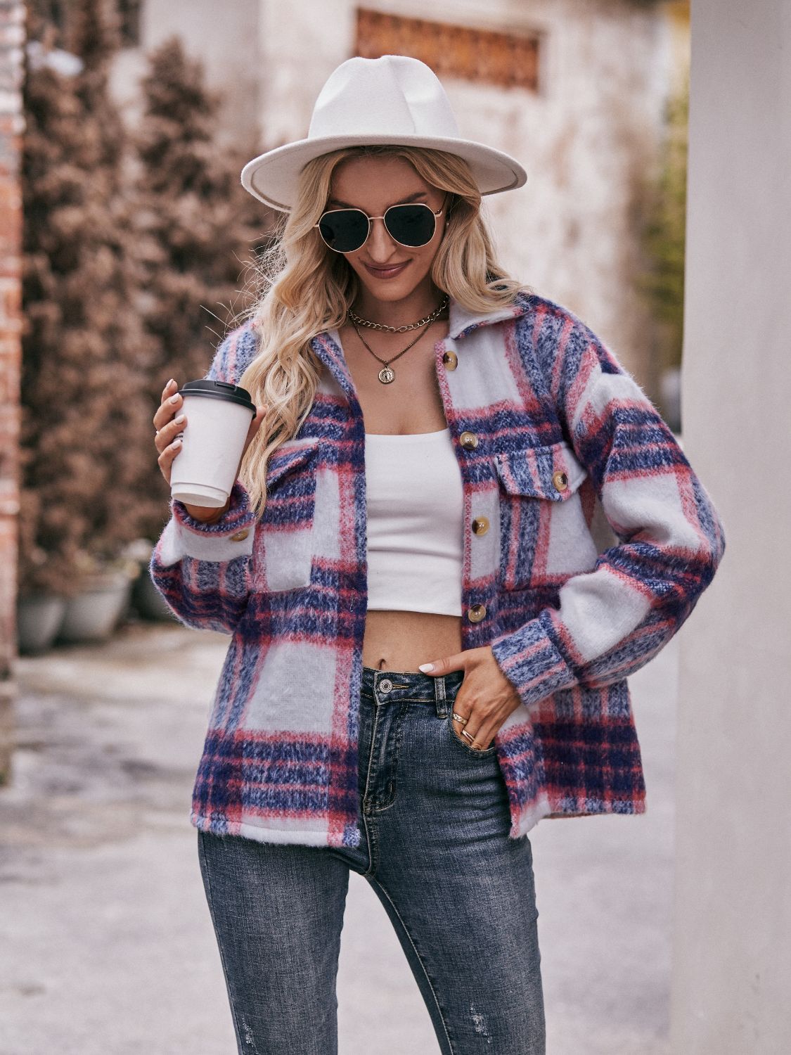 Plaid Dropped Shoulder Collared Jacket BLUE ZONE PLANET