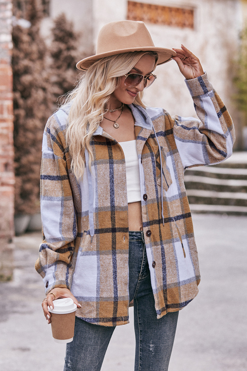 Plaid Dropped Shoulder Hooded Jacket BLUE ZONE PLANET