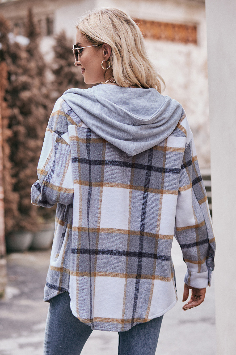 Plaid Dropped Shoulder Hooded Jacket BLUE ZONE PLANET