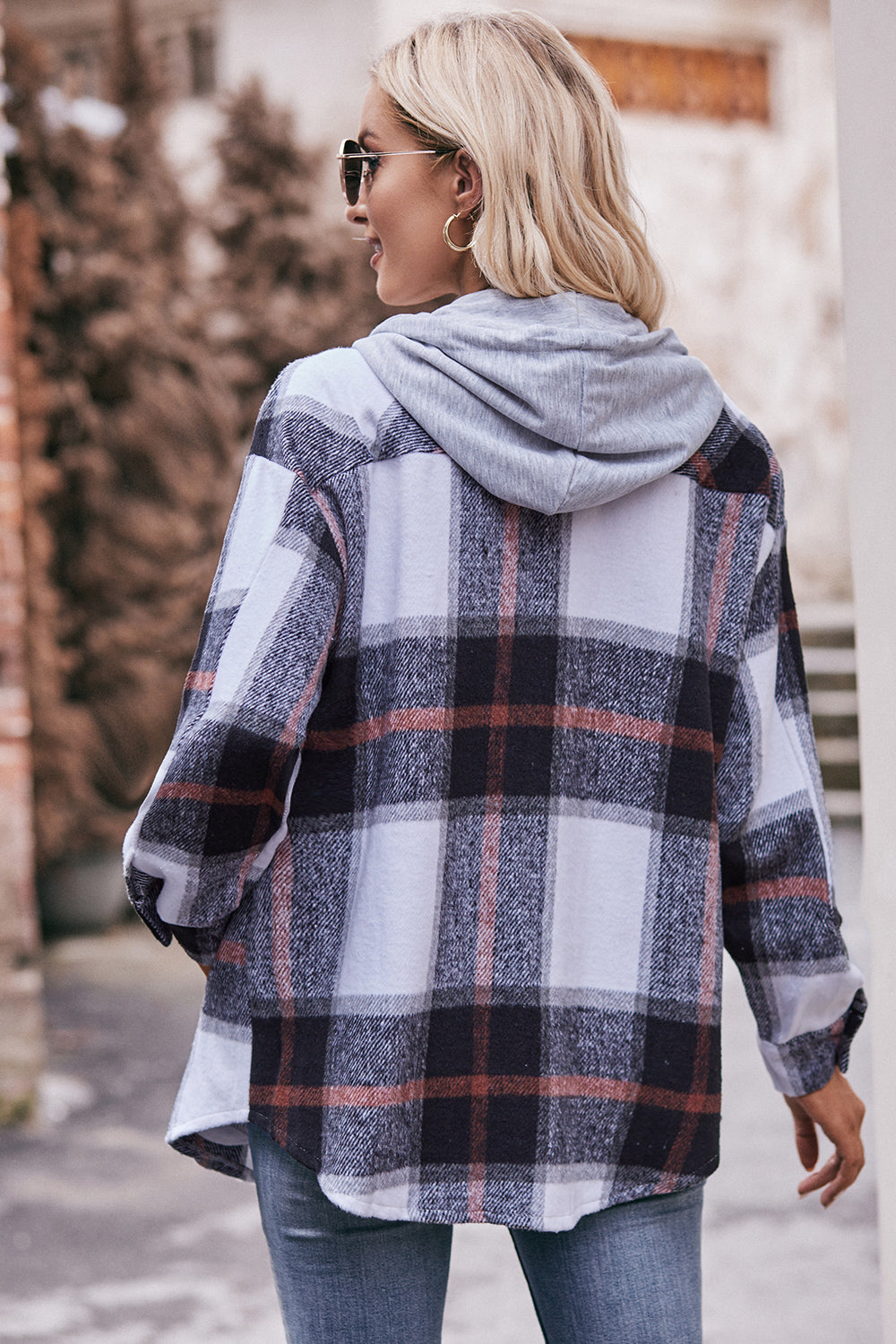 Plaid Dropped Shoulder Hooded Jacket BLUE ZONE PLANET