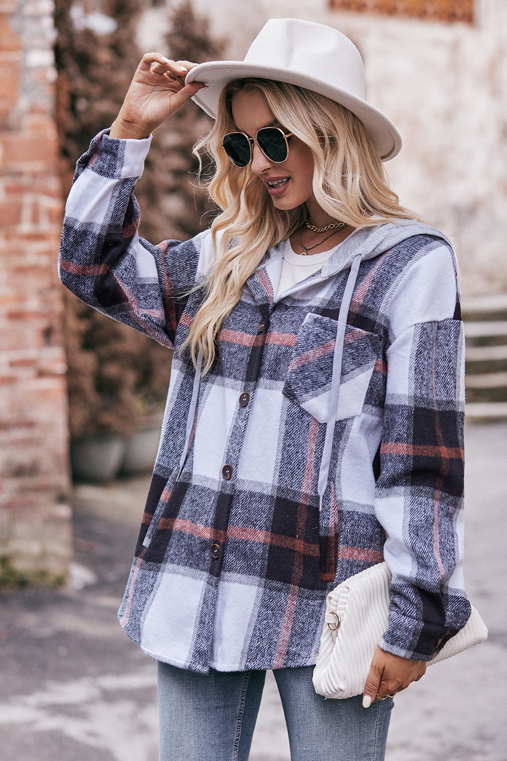 Plaid Dropped Shoulder Hooded Jacket BLUE ZONE PLANET