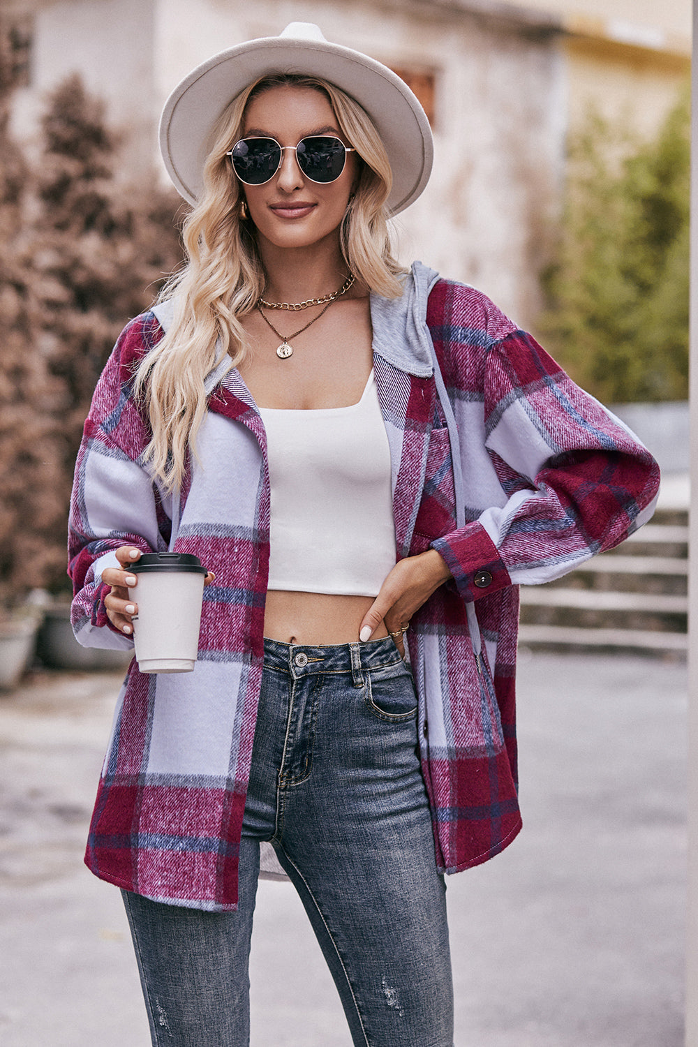 Plaid Dropped Shoulder Hooded Jacket BLUE ZONE PLANET