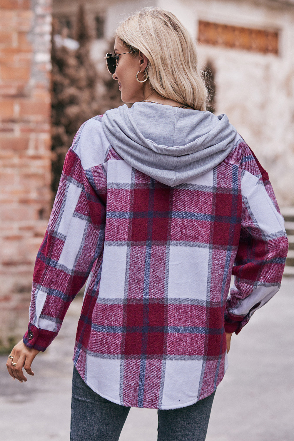 Plaid Dropped Shoulder Hooded Jacket BLUE ZONE PLANET