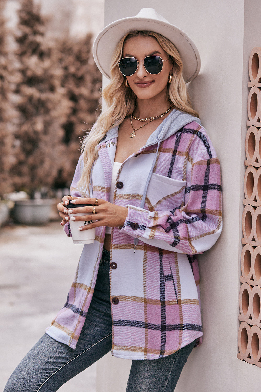 Plaid Dropped Shoulder Hooded Jacket BLUE ZONE PLANET