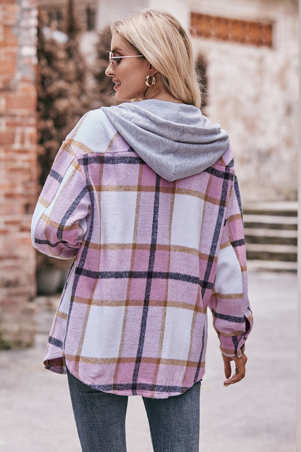 Plaid Dropped Shoulder Hooded Jacket BLUE ZONE PLANET