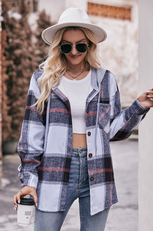 Plaid Dropped Shoulder Hooded Jacket BLUE ZONE PLANET