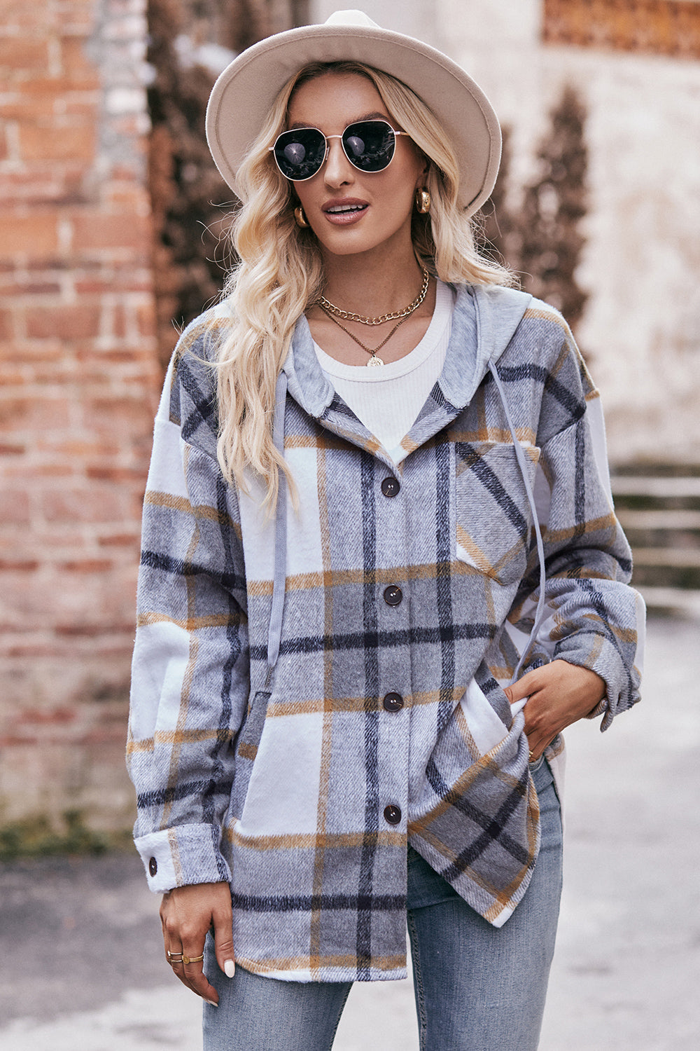 Plaid Dropped Shoulder Hooded Jacket BLUE ZONE PLANET