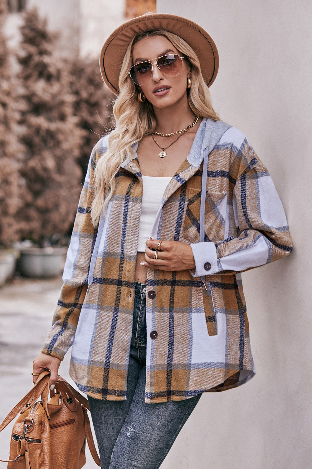 Plaid Dropped Shoulder Hooded Jacket BLUE ZONE PLANET