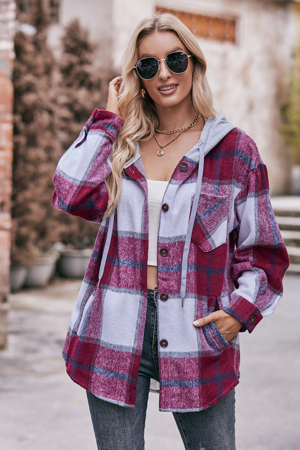 Plaid Dropped Shoulder Hooded Jacket BLUE ZONE PLANET