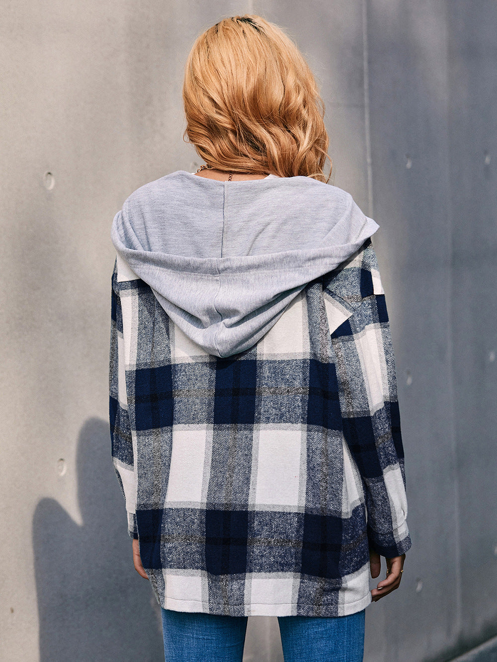 Plaid Dropped Shoulder Hooded Jacket BLUE ZONE PLANET