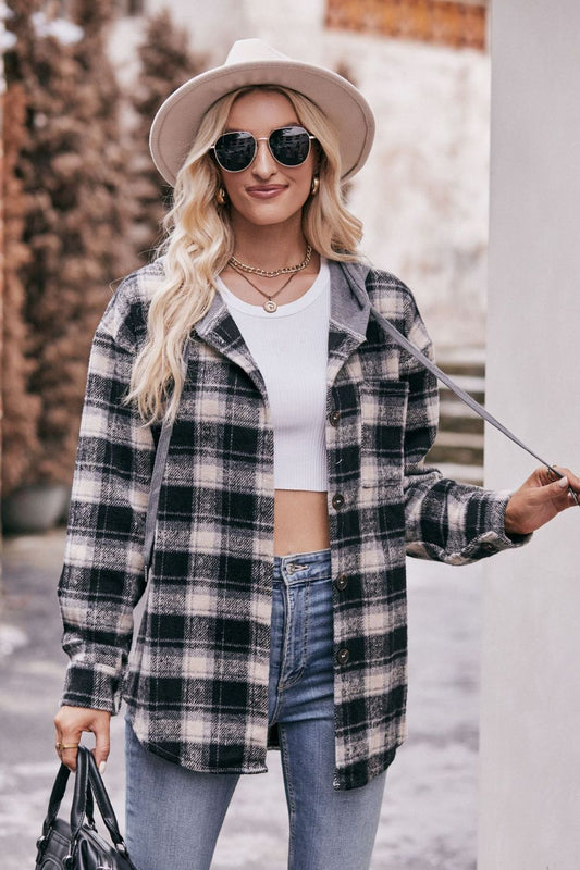 Plaid Dropped Shoulder Hooded Longline Jacket BLUE ZONE PLANET