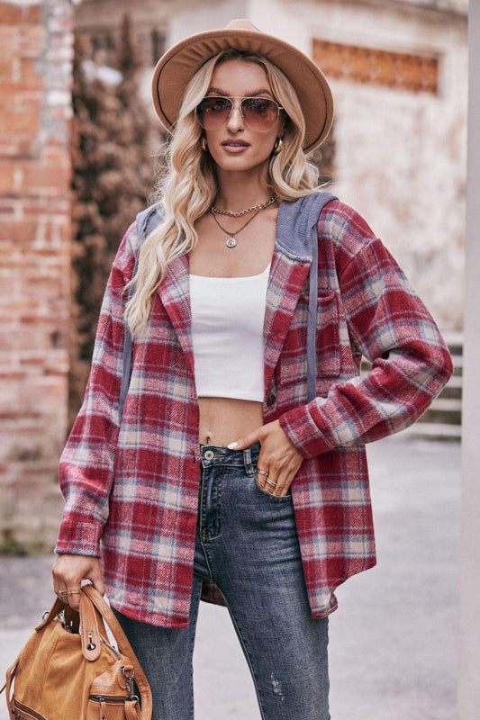 Plaid Dropped Shoulder Hooded Longline Jacket BLUE ZONE PLANET