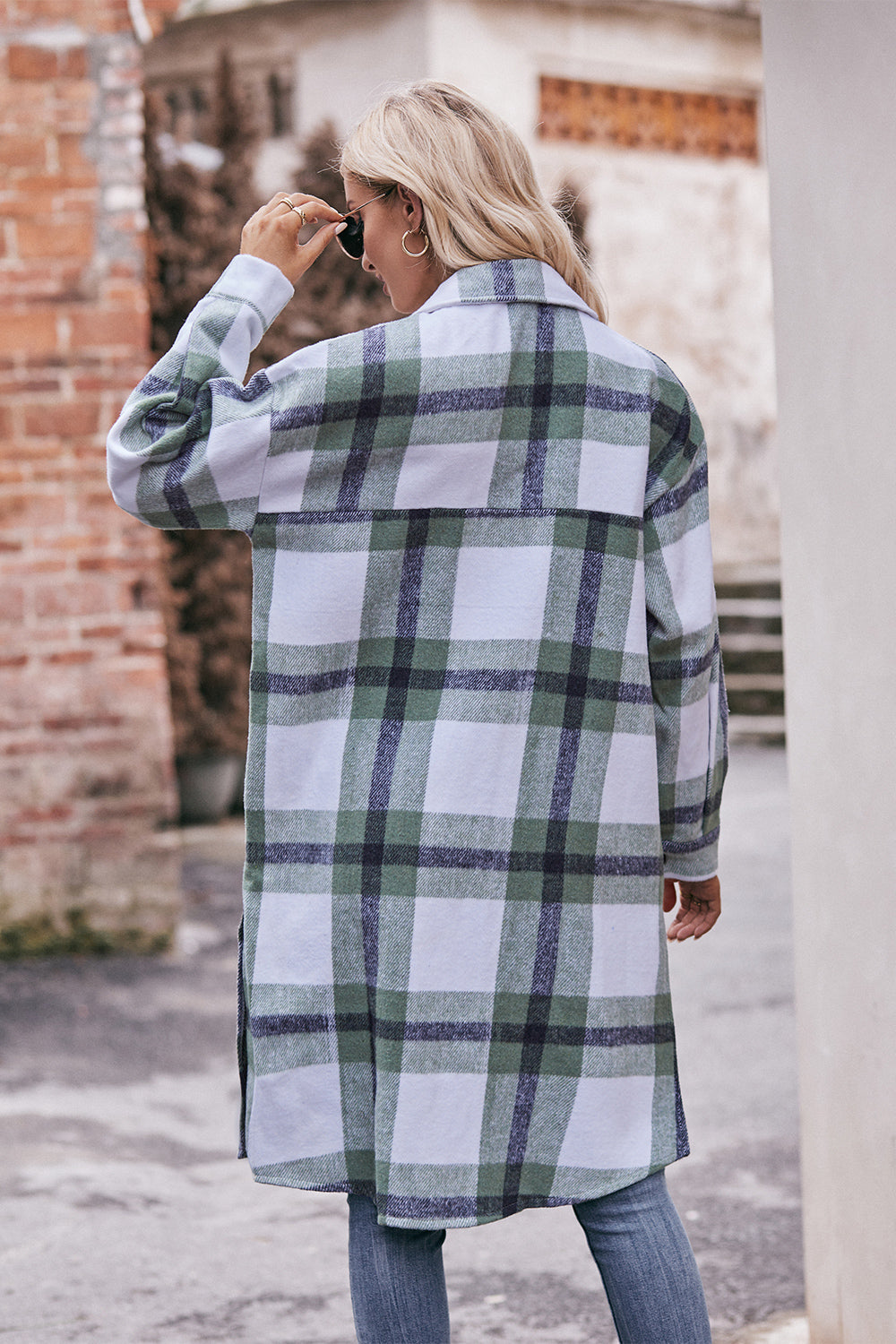 Plaid Dropped Shoulder Longline Jacket BLUE ZONE PLANET