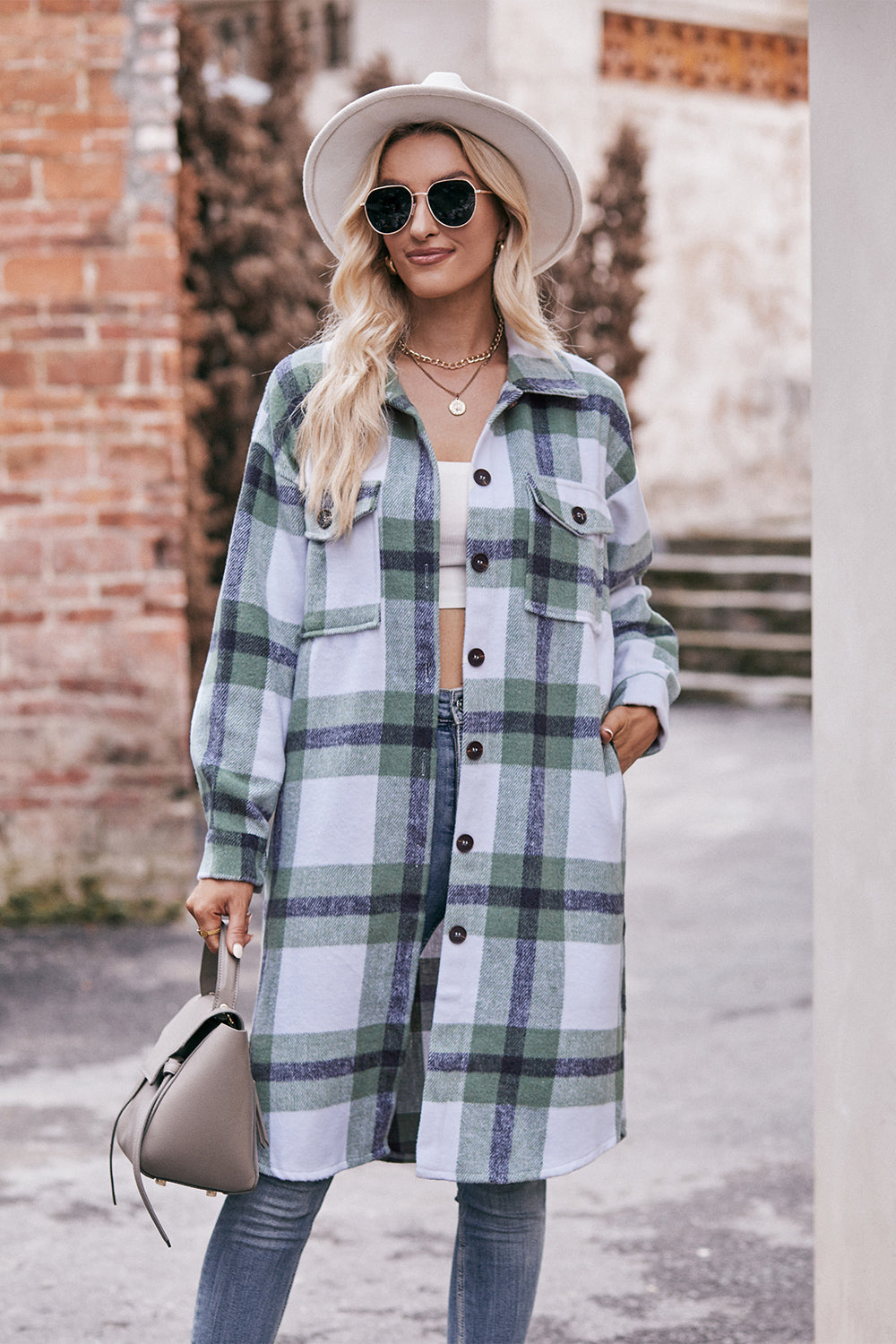 Plaid Dropped Shoulder Longline Jacket BLUE ZONE PLANET