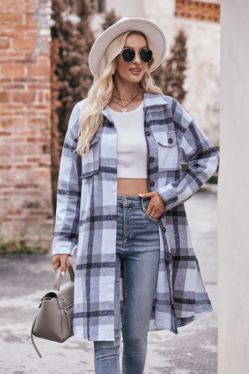 Plaid Dropped Shoulder Longline Jacket BLUE ZONE PLANET