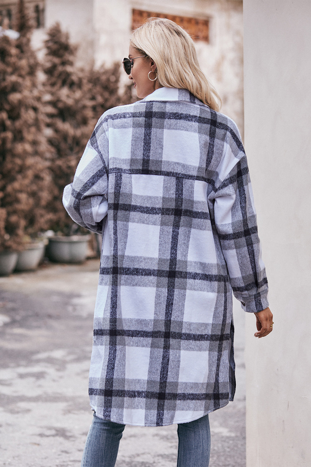 Plaid Dropped Shoulder Longline Jacket BLUE ZONE PLANET