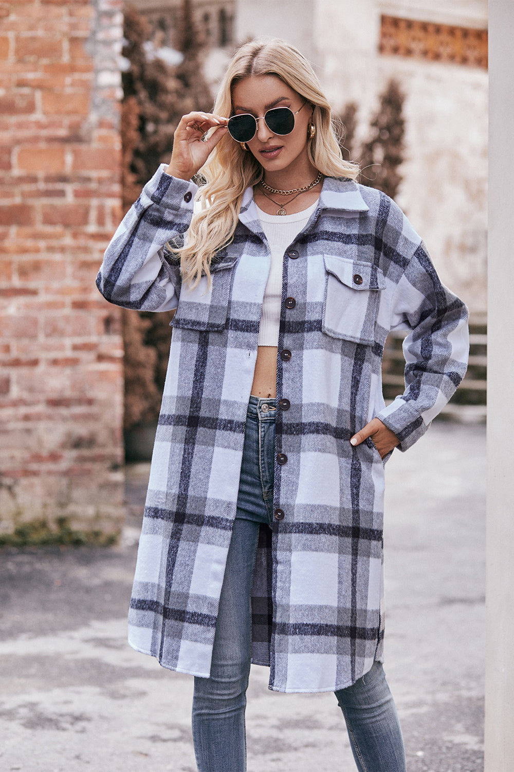 Plaid Dropped Shoulder Longline Jacket BLUE ZONE PLANET