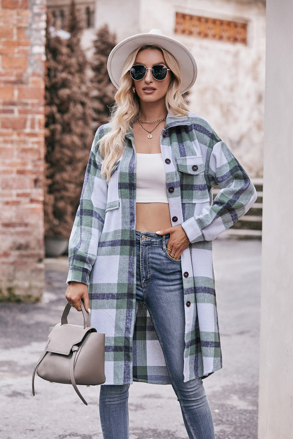 Plaid Dropped Shoulder Longline Jacket BLUE ZONE PLANET