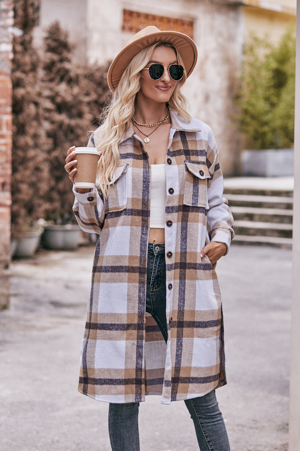 Plaid Dropped Shoulder Longline Jacket BLUE ZONE PLANET