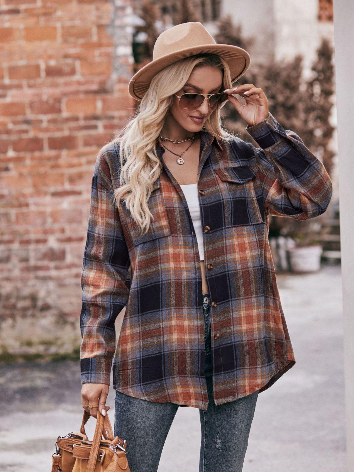 Plaid Dropped Shoulder Longline Shirt BLUE ZONE PLANET