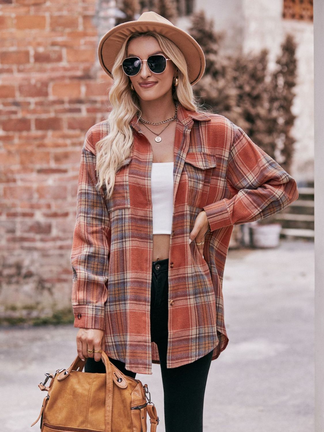 Plaid Dropped Shoulder Longline Shirt BLUE ZONE PLANET