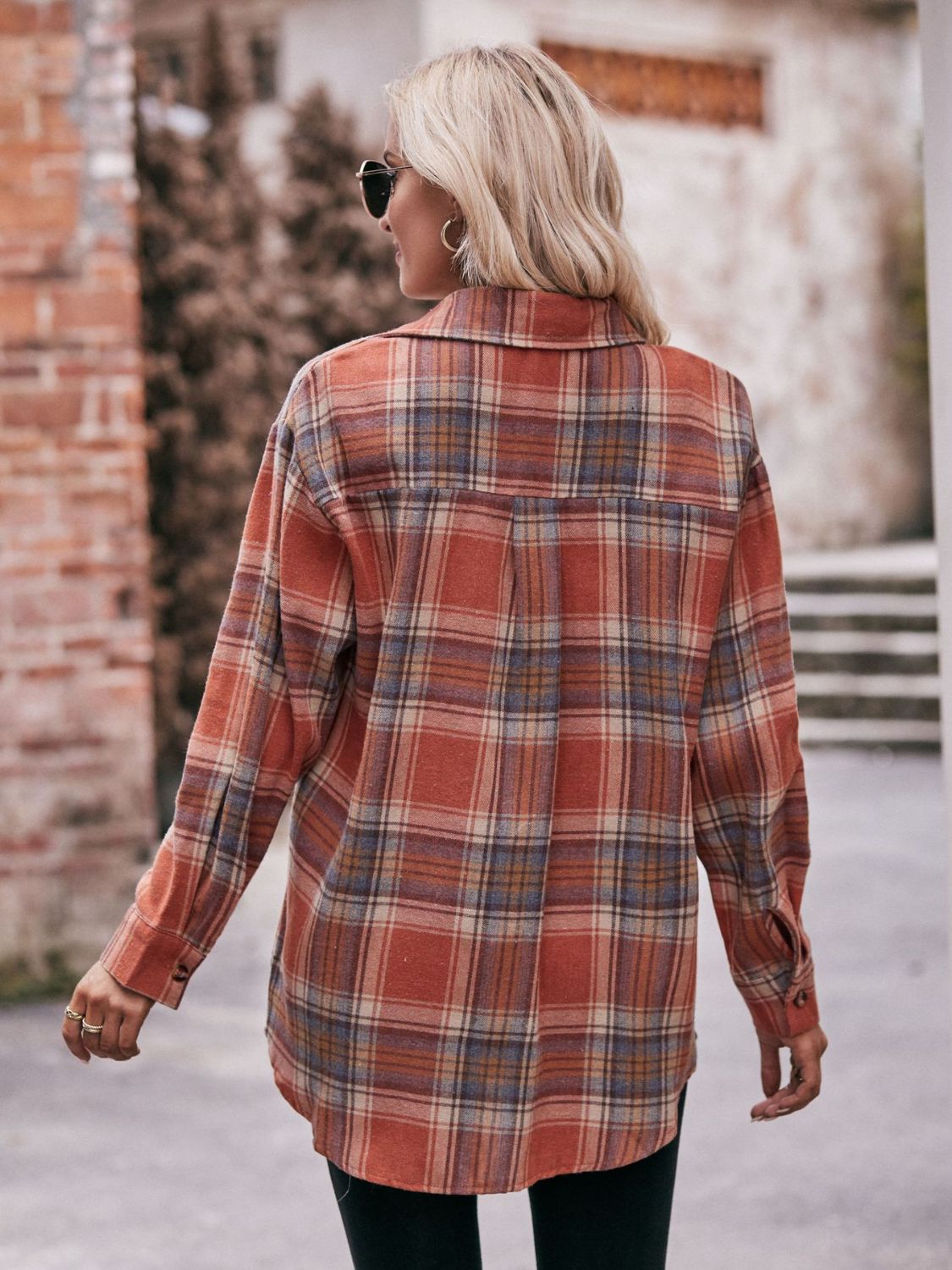 Plaid Dropped Shoulder Longline Shirt BLUE ZONE PLANET