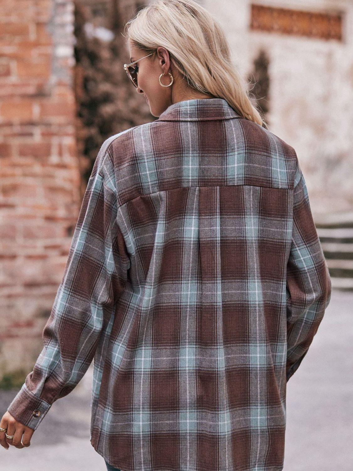 Plaid Dropped Shoulder Longline Shirt BLUE ZONE PLANET