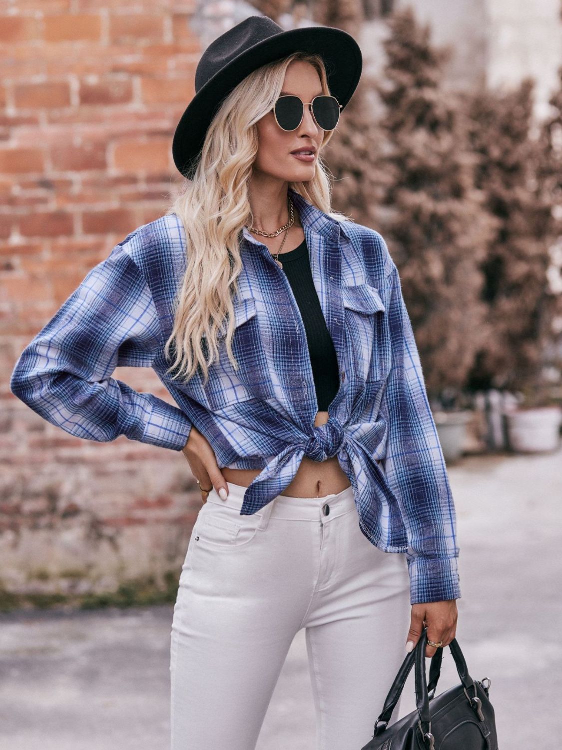 Plaid Dropped Shoulder Longline Shirt BLUE ZONE PLANET