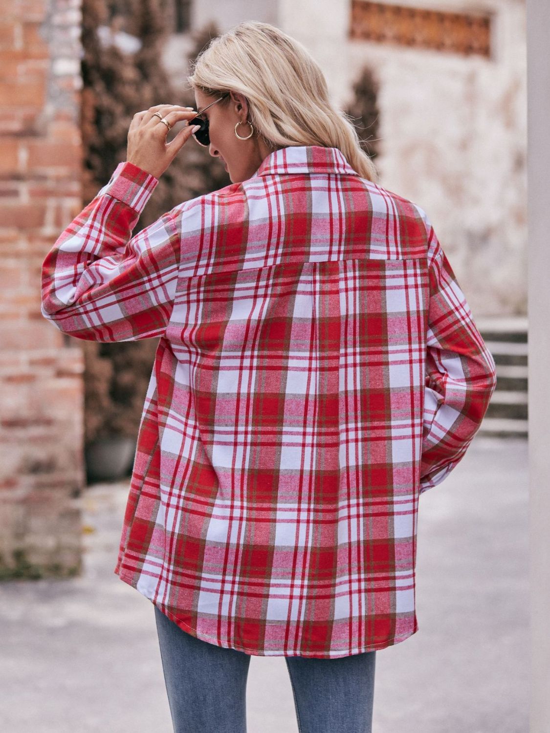 Plaid Dropped Shoulder Longline Shirt BLUE ZONE PLANET